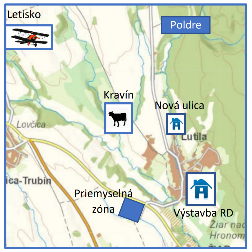 Obrázok 2 Približné zobrazenie niektorých lokalít, ktoré sú riešené v doplnkoch k ÚP. Zdroj mapy mapka https://zbgis.skgeodesy.sk/ .