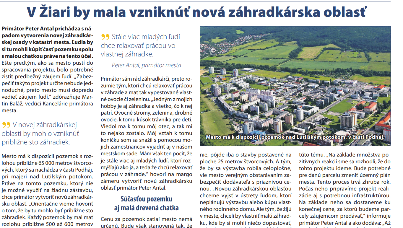 Obrázok 3: Článok o zámere primátora vybudovať záhradkársku oblasť. Zdroj mestské noviny z 5.10.2020  noviny.ziar.sk