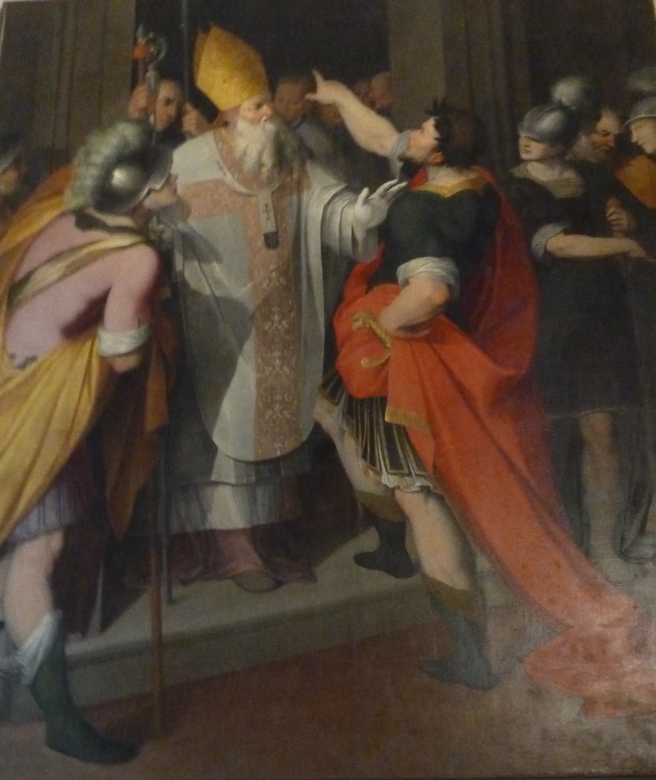 Ambróz nevpúšťa cisára Teodósia do baziliky. Obraz v Bazilike Sv. Ambróza v Miláne. (foto: Imriš, 2019)