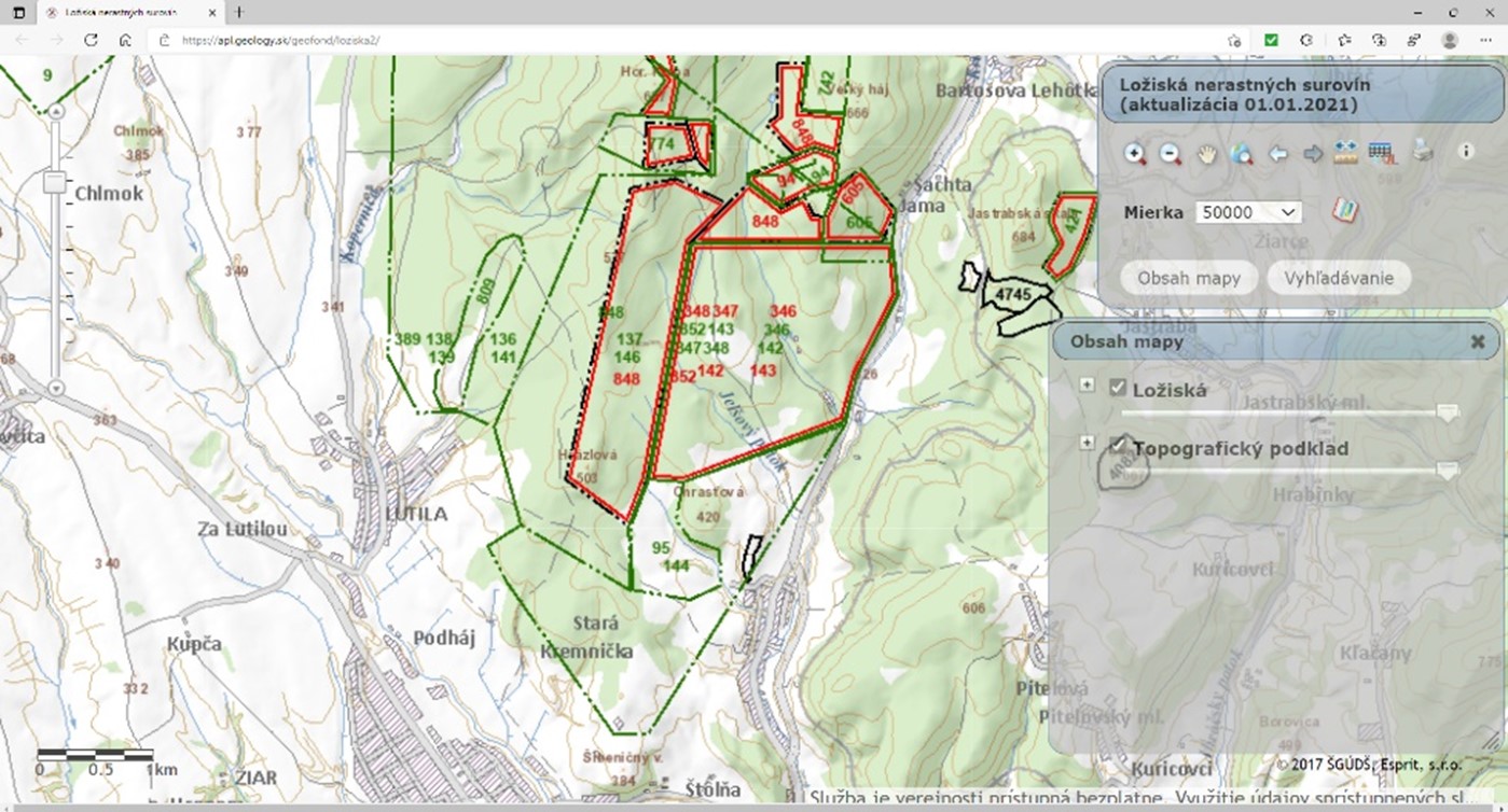Obrázok 5: Mapa ložísk nerastného bohatstva pri obci Lutila. Zdroj: Štátny Geologický ústav Dionýza Štúra, 2021 - Ložiská nerastných surovín (geology.sk)
