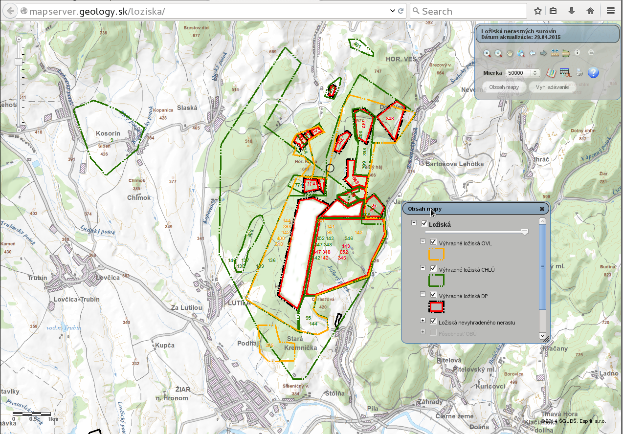 Obrázok: Ložiská za obcou Lutila, zdroj: Štátny geologický ústav Dionýza Štúra, 2015. Vyznačené bielou sú ložiská Lutila I a St. Kremnička III.