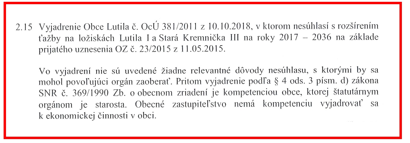 Obrázok: Časť rozhodnutia hlavného banského úradu z 31.07.2019 (číslo 723-1049/2019) o povolení ťažby na ložisku Lutila I.